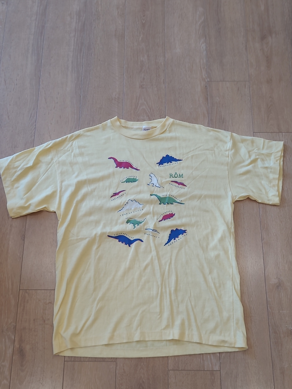 Vintage ROM Yellow Short Sleeve Tee with Multicolor Dino Print